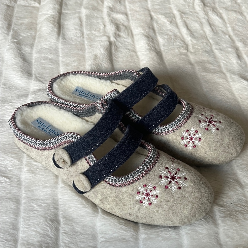Sundance Gray and Navy Wool Embroidered Clog Slippers